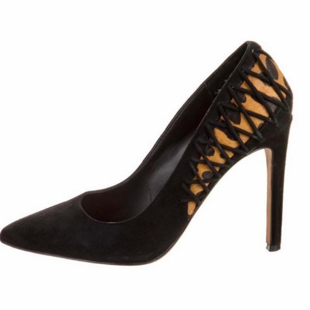 Brian Atwood Vero Cuoio Suede Black & Leopard Real Calf Hair Heels size 6.5